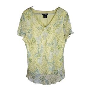 Vtg Crossing‎ Pointe Womens Blouse Top XL Floral Silk Short Sleeve V Neck